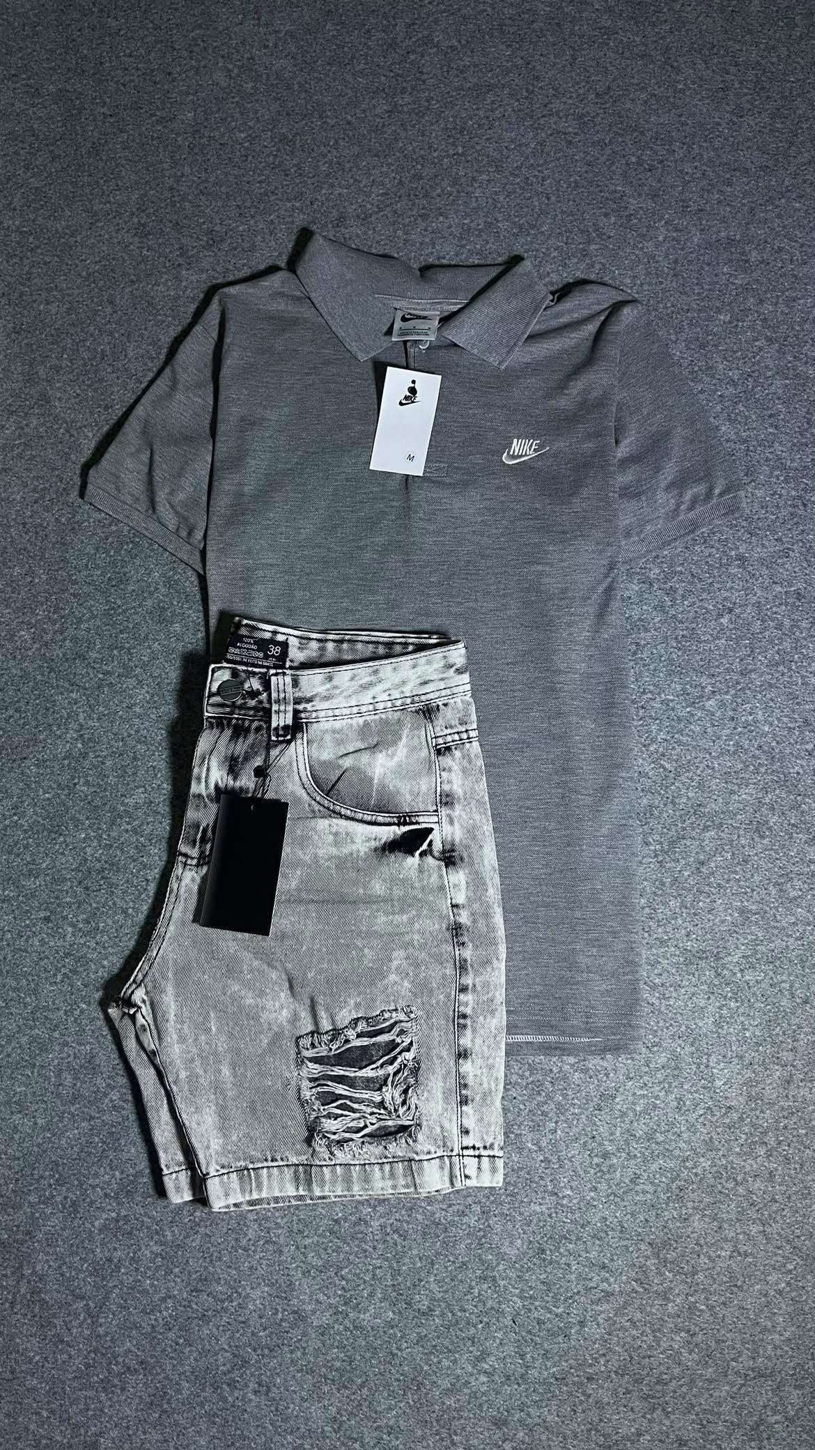 Kit polo Nike cinza com shorts jeans acid